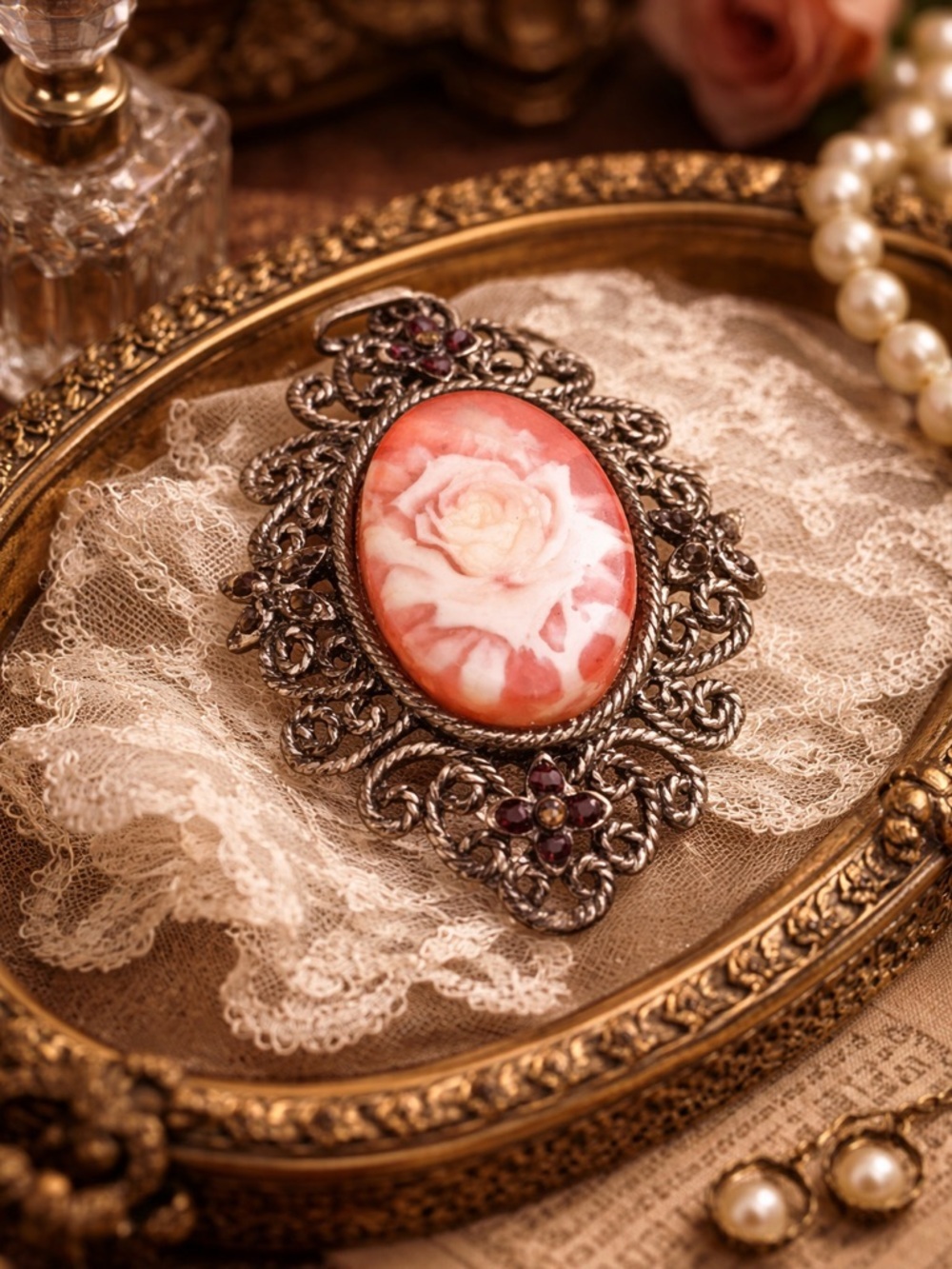 Vintage Floral Cameo Pendant | Coral & Cream Rose Cameo | Ornate Filigree